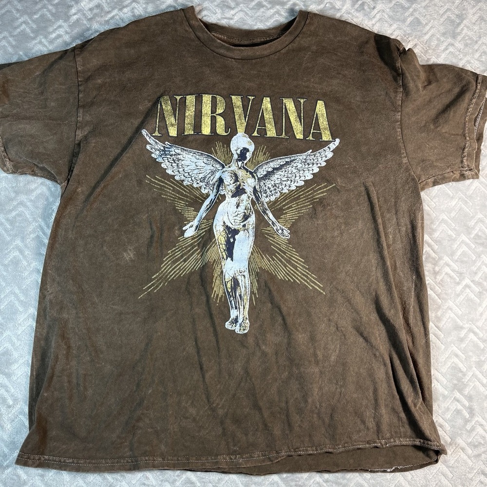 Nirvana In Utero Angel Distressed Acid Wash Tee Dark Brown XL 1993 Concert Dates